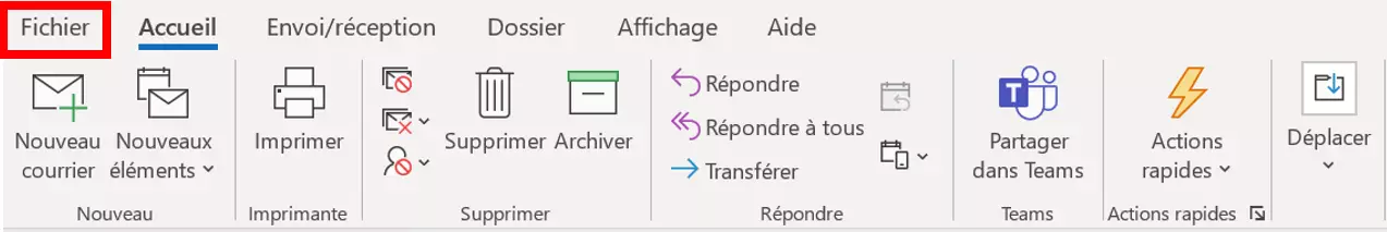 L'onglet « Fichier » dans la barre de menu d'Outlook