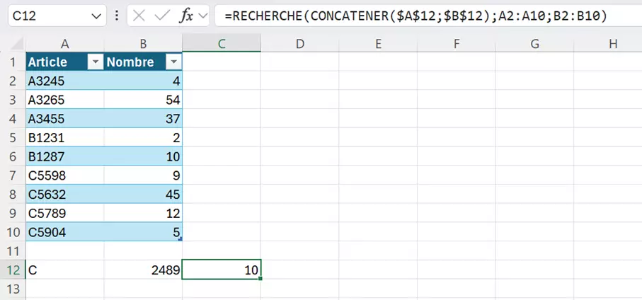 RECHERCHE Excel : avec CONCATENER