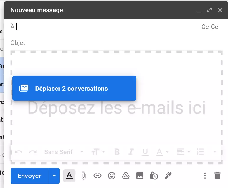 Faire glisser un email en tant que pièce jointe dans un nouvel email