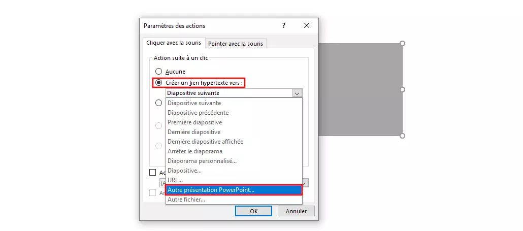 PowerPoint 365 : paramètres des actions