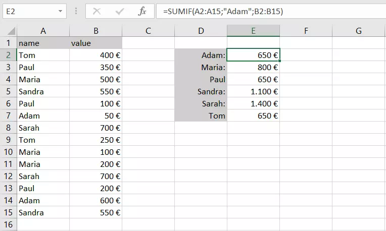 Tableau Excel avec fonction SOMME.SI et critère texte