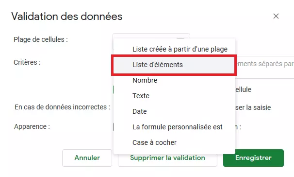 Liste déroulante Google Sheets : menu « Validation des données »