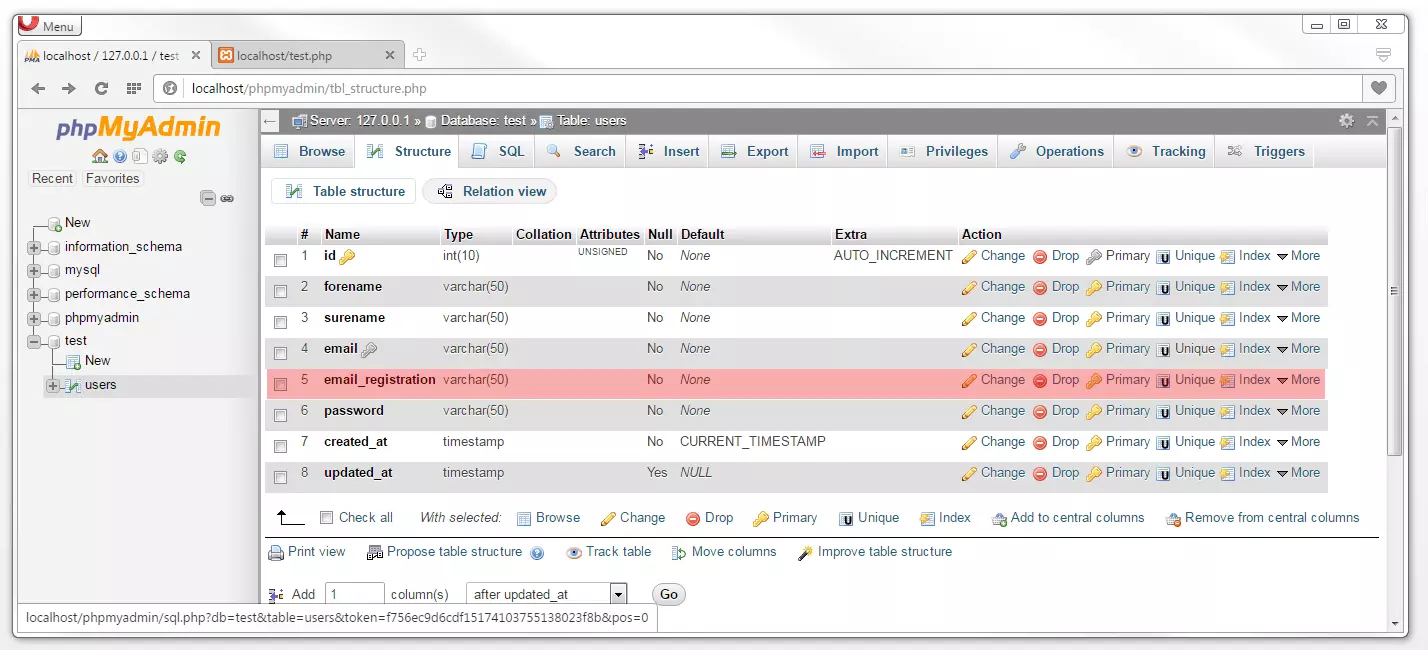 phpMyAdmin : Tab « Structure »