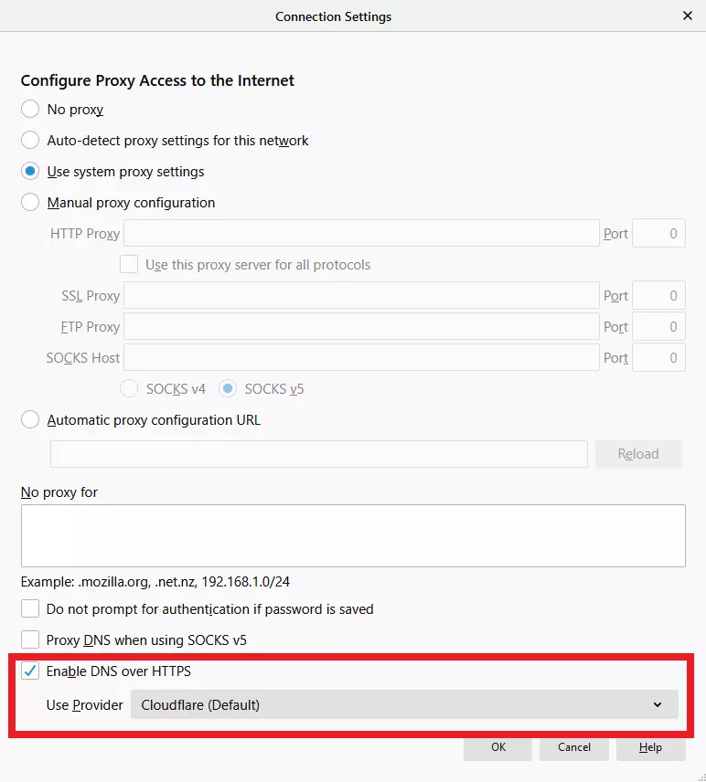 Option DNS over HTTPS dans Firefox