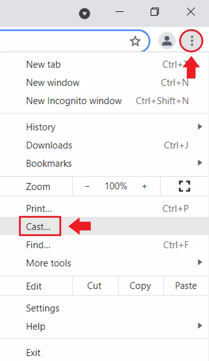 Pour démarrer la diffusion du contenu du PC sur le téléviseur, sélectionnez « caste » dans le menu représentant trois points