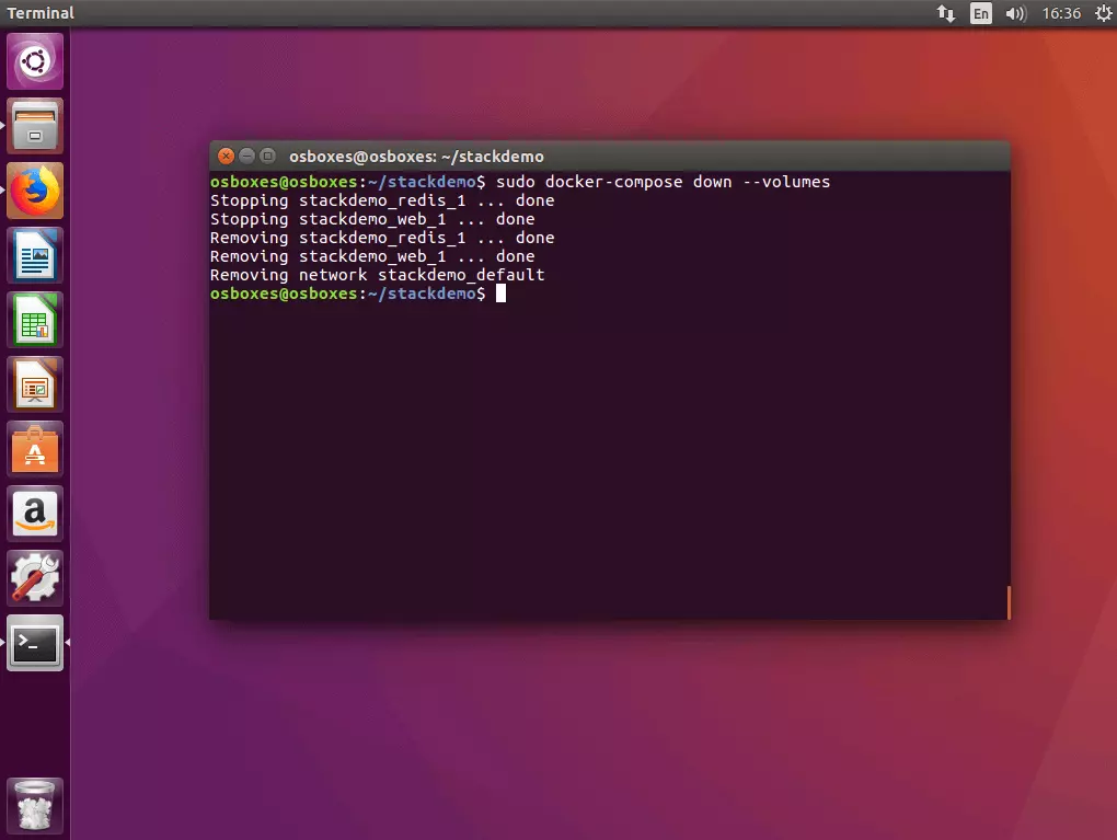 La commande « docker-compose down » dans le terminal Ubuntu