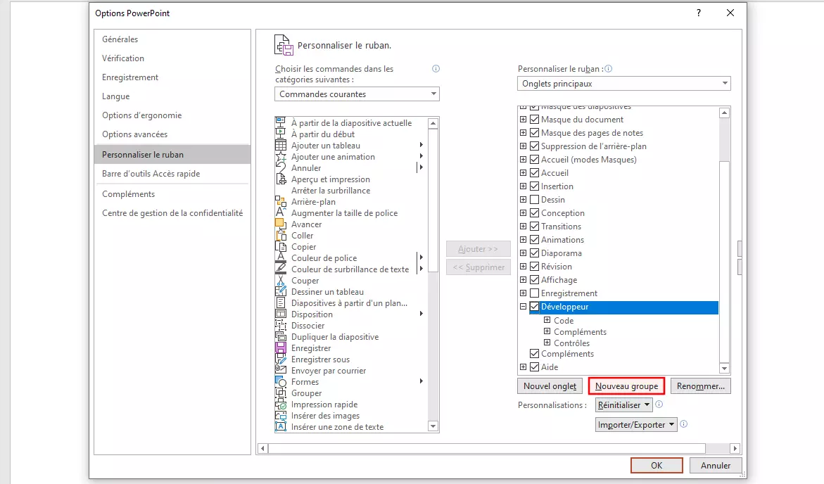 Options de PowerPoint 365 : ajout d’un nouveau groupe