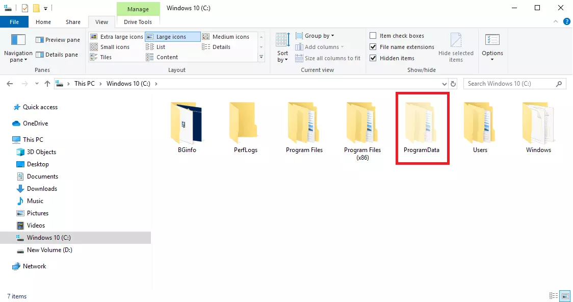 Illustration d’un dossier caché rendu apparent dans Windows 