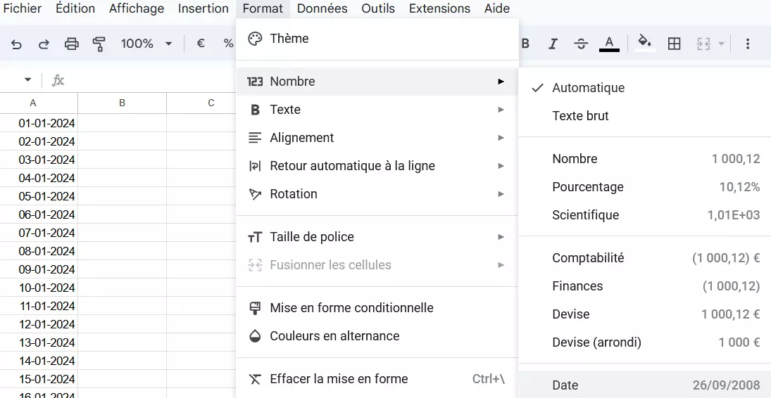 Capture d’écran du menu Format dans Google Sheets