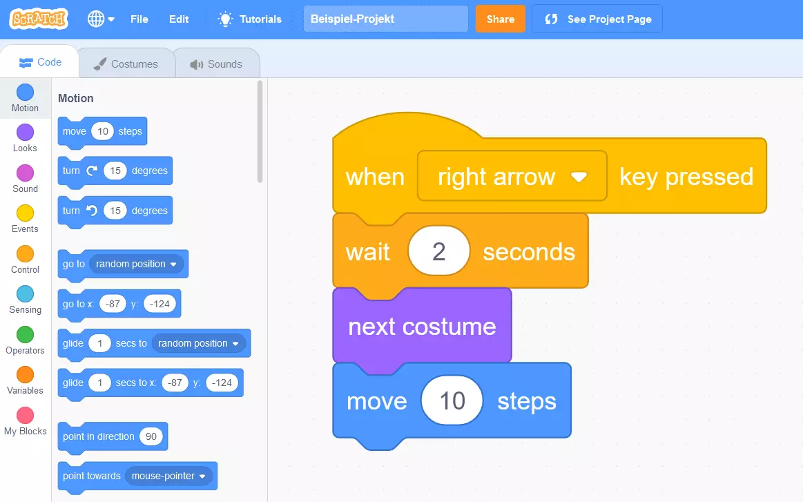 Programmer avec Scratch : exemple d’un script dans un projet