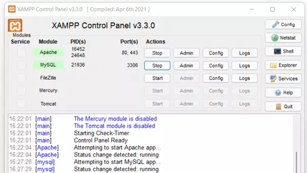 Panneau de configuration XAMPP : Apache et MySQL ont bien démarré