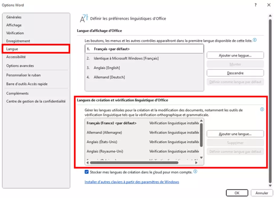 Word : langues de création et vérification linguistique d’Office