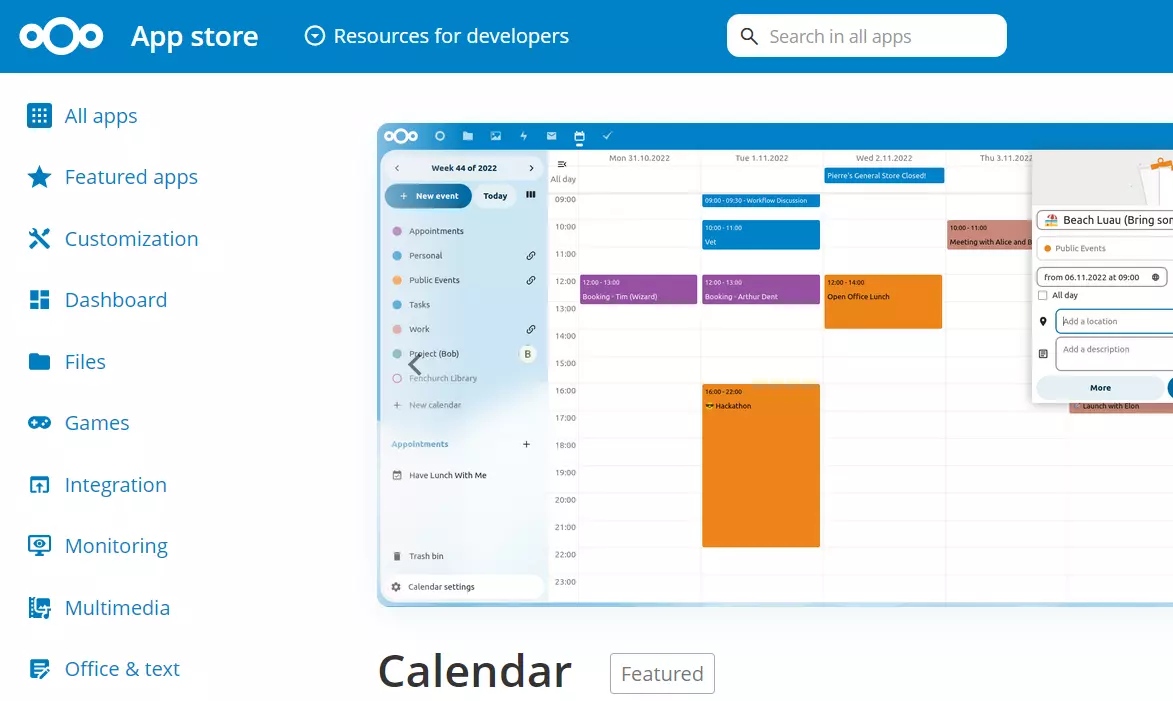 Calendar dans l’App Store de Nextcloud