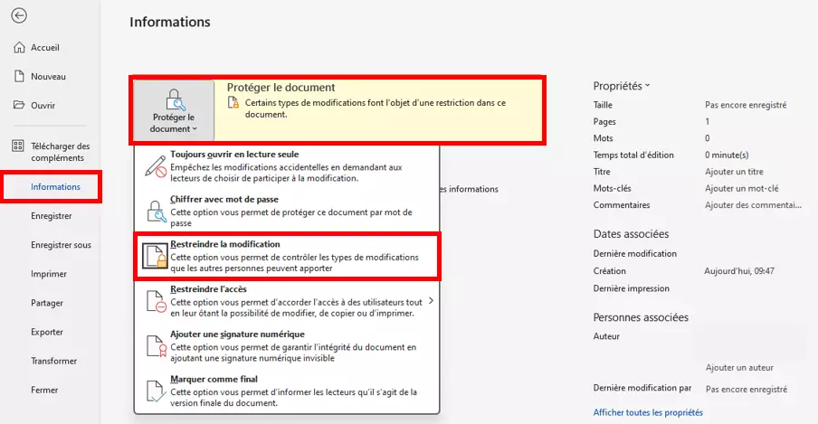 Menu « Restreindre la modification » dans Word