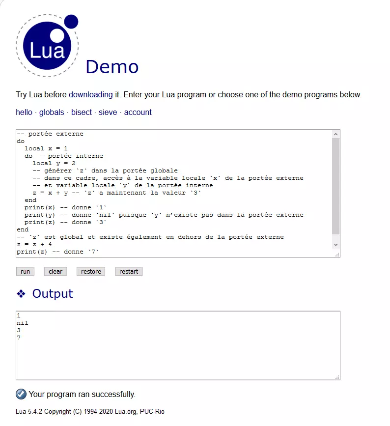 Démo interactive de Lua