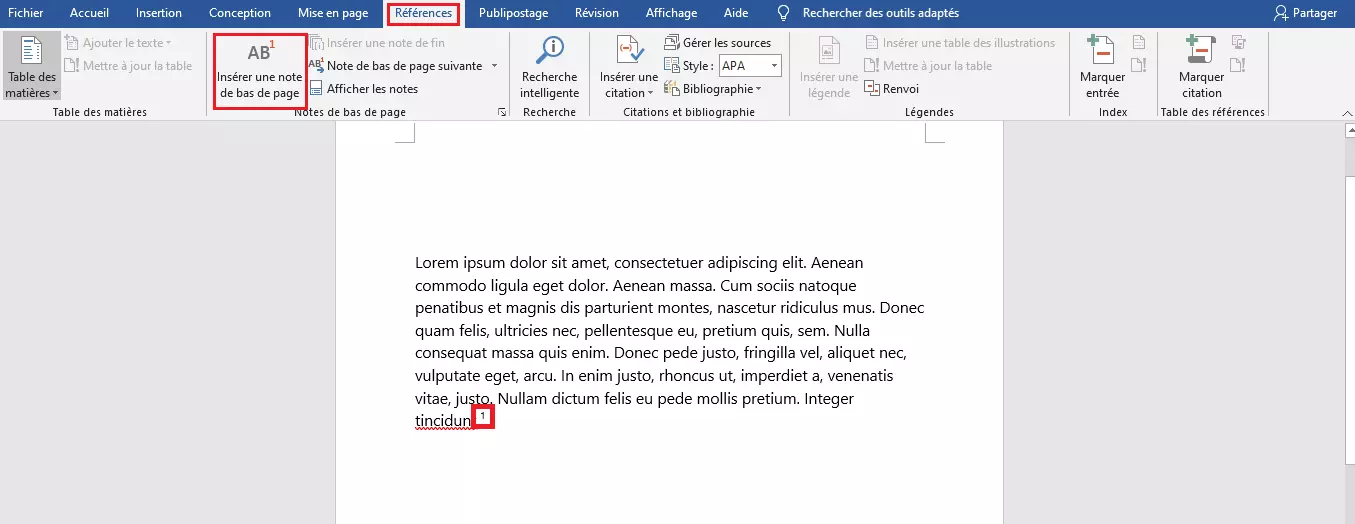 Ajouter une note de bas de page dans Word 2019