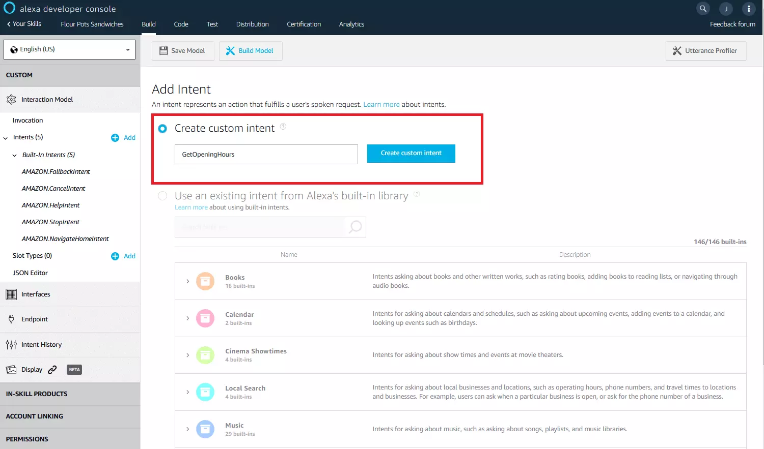 Alexa Developer Console : définition des intentions