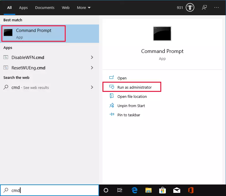 Démarrer l’invite de commandes via la zone de recherche de Windows 10