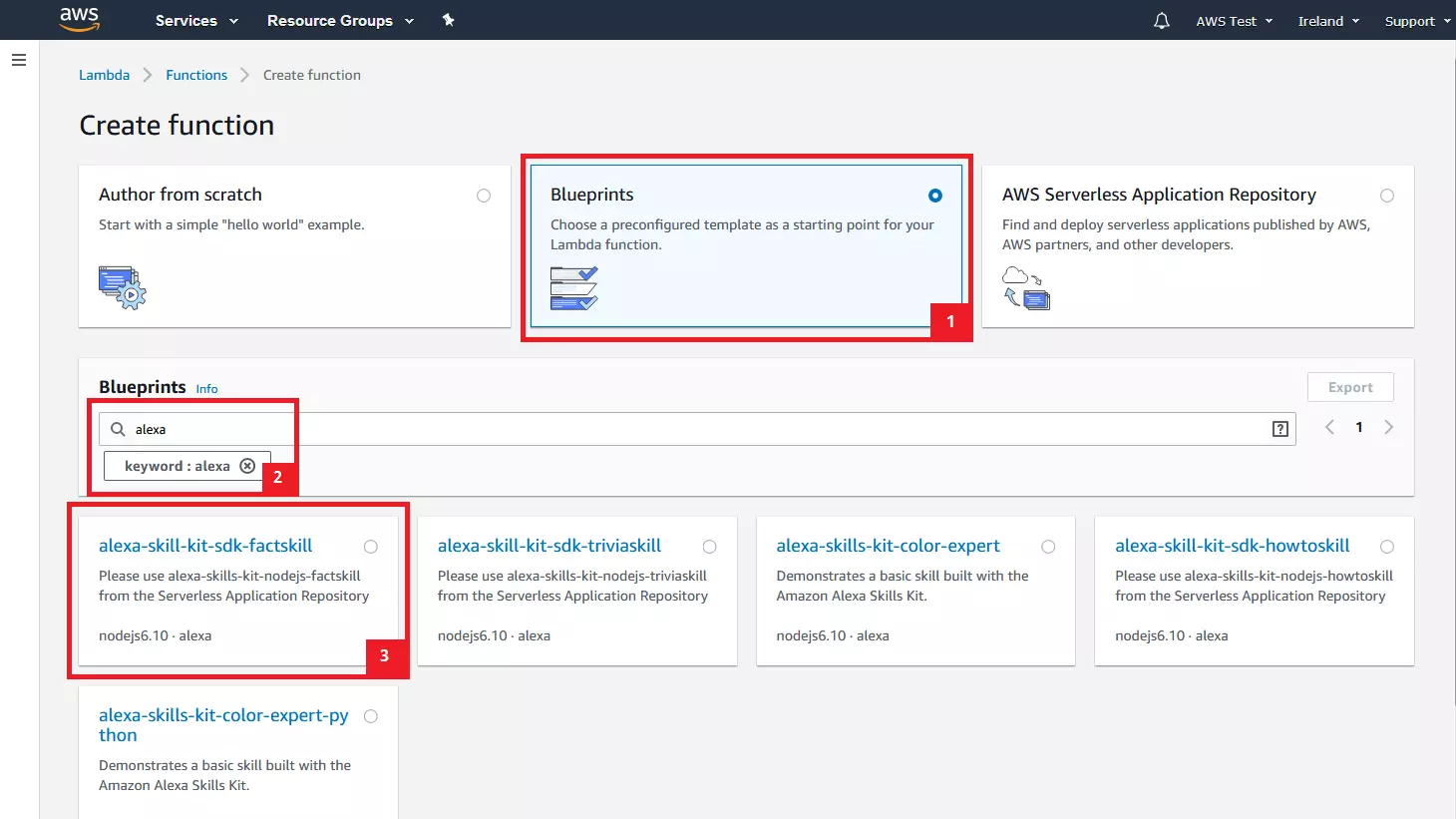 AWS Management Console : choix du modèle pour la fonction Lambda