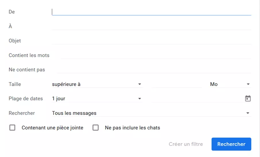 Fenêtre Gmail pour la recherche étendue
