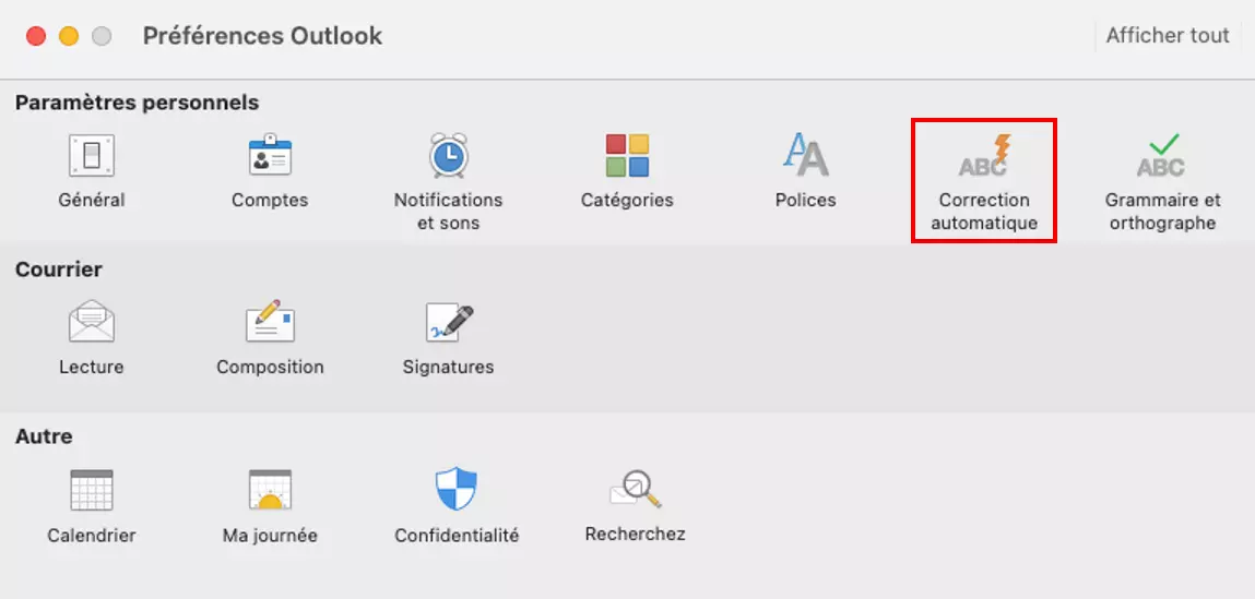 Outlook pour Mac : élément de menu « Correction Automatique » dans les préférences Outlook