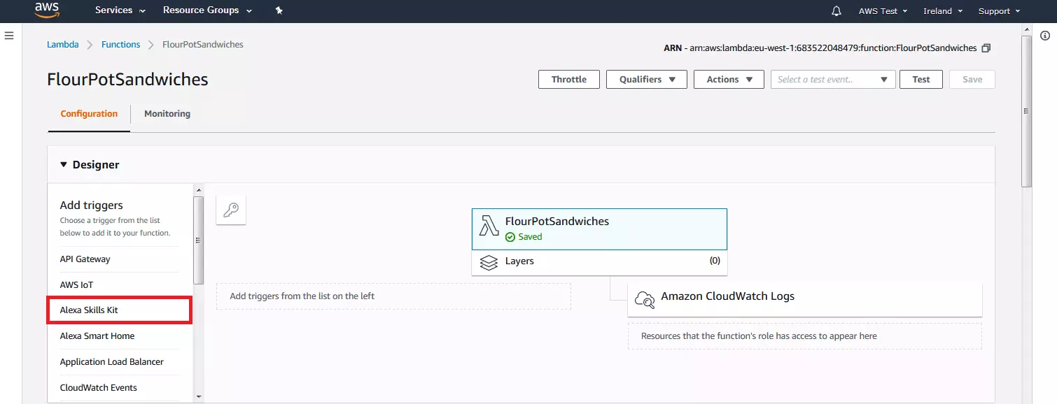 AWS Management Console : choix du déclencheur de la fonction Lambda