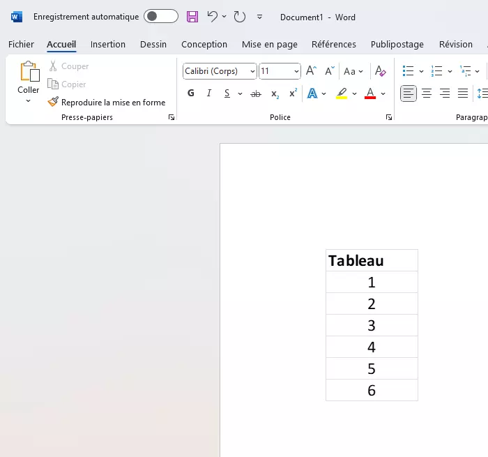 Tableau copié dans Word grâce à l’option « Collage spécial »