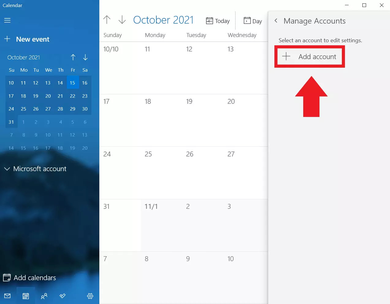 Calendrier Windows : « Ajouter un compte »