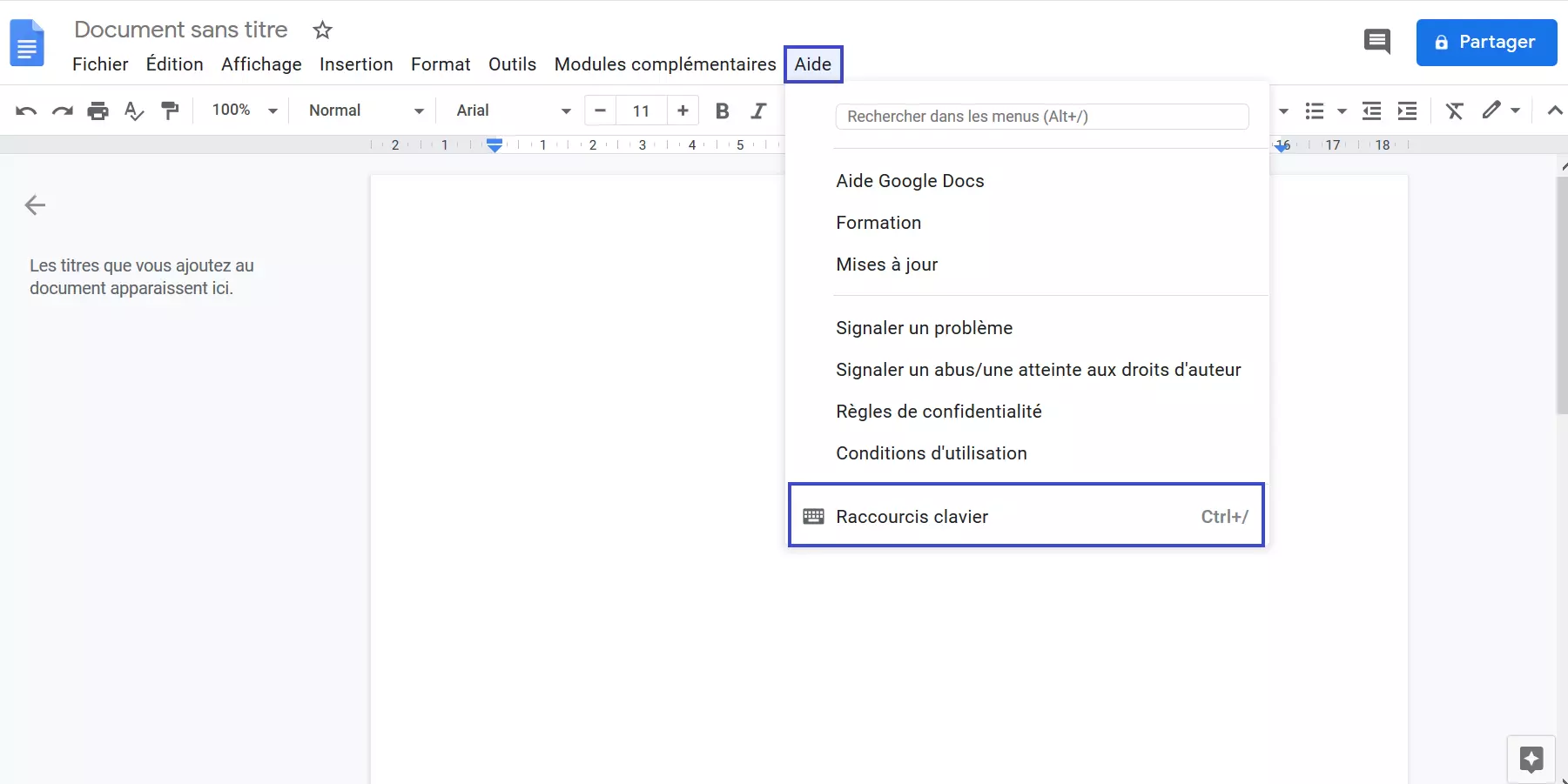 Afficher les raccourcis clavier Google Docs via le menu « Aide »