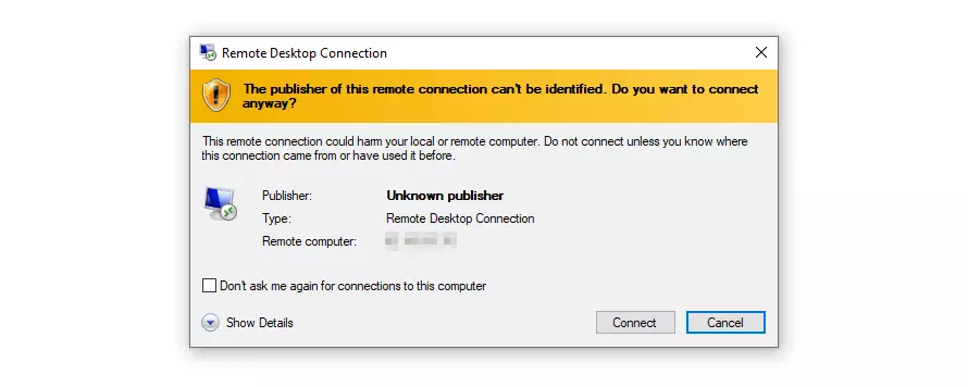 Dialogue Windows : établissement de la connexion au serveur à distance