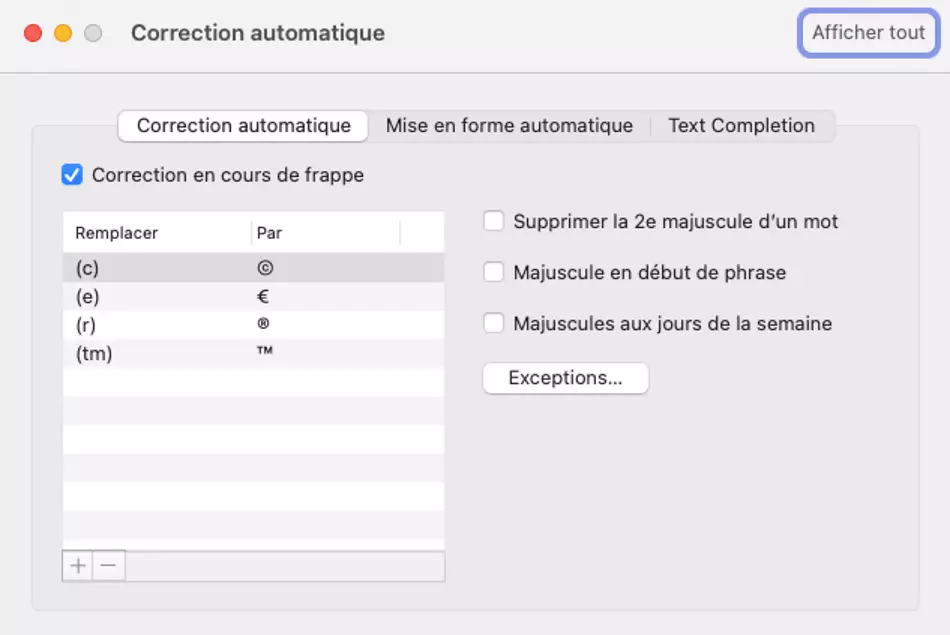 Outlook pour Mac : options de la correction automatique