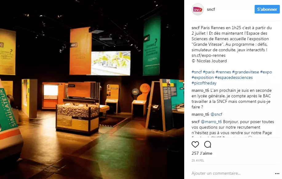 Profil Instagram de la SNCF vu dans le navigateur Web
