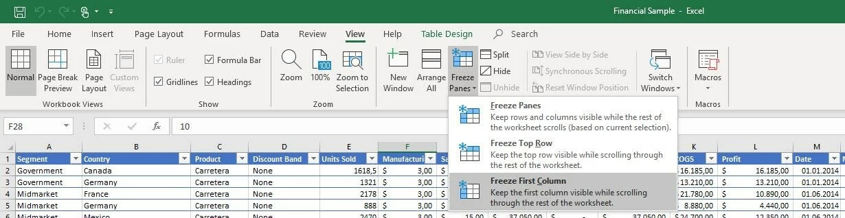 Excel 2016 : menu Figer les volets