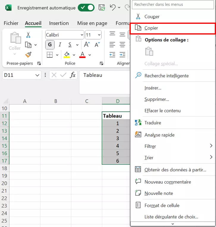 Sélectionner et copier un tableau Excel