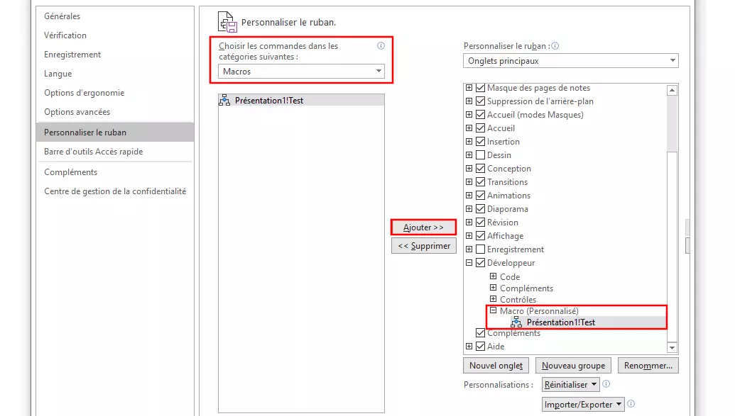 Personnaliser le ruban PowerPoint : ajouter une macro