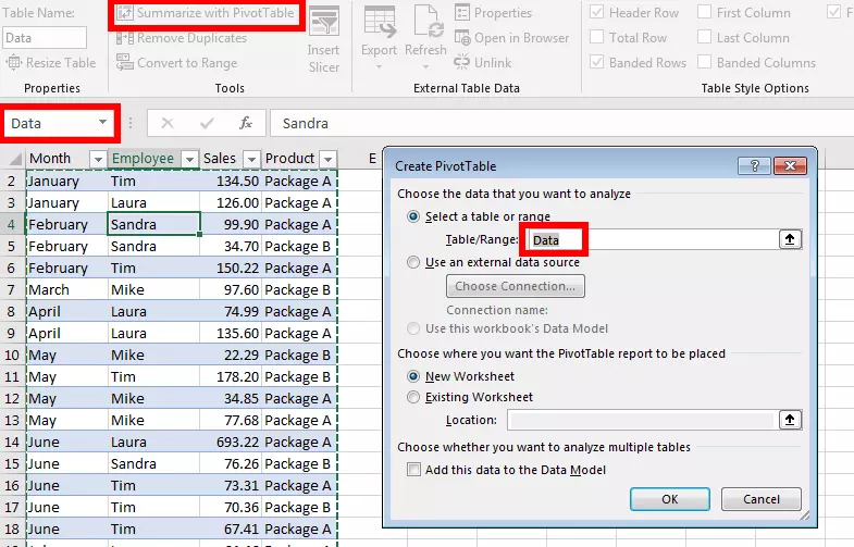 Fenêtre Excel pour créer un tableau croisé dynamique.