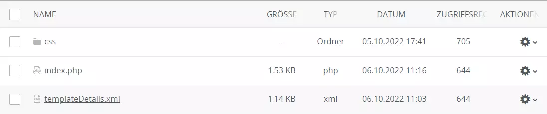 La nouvelle structure de dossiers créée pour le template Joomla