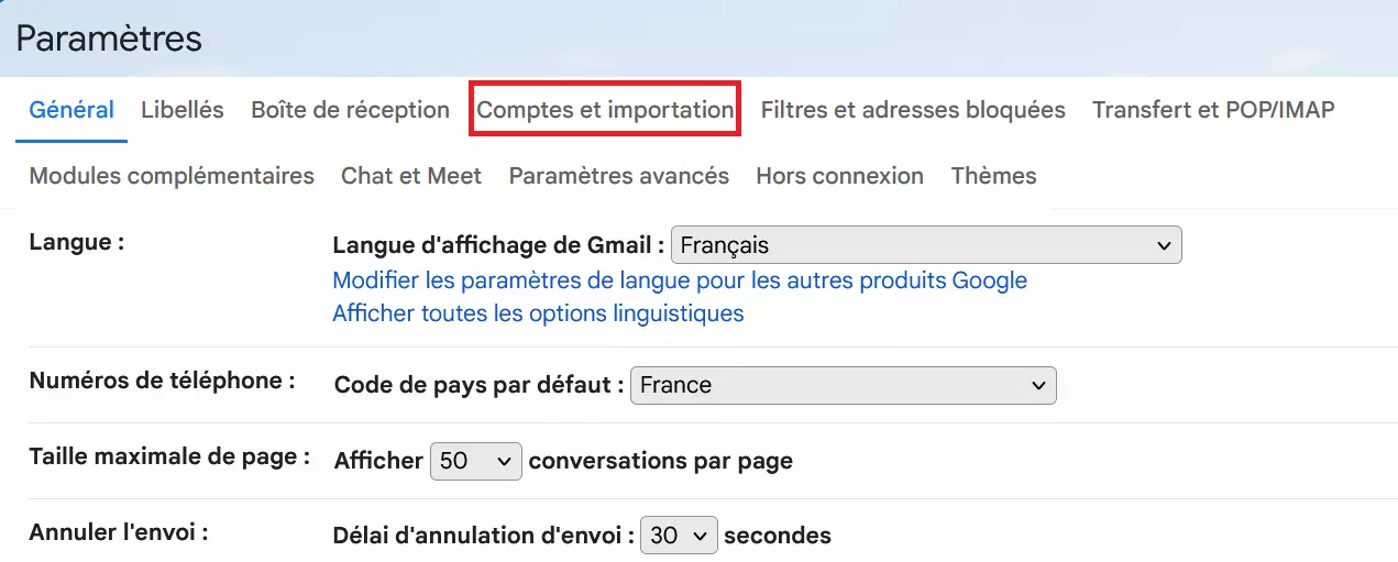 « Comptes et importation » dans les paramètres Gmail