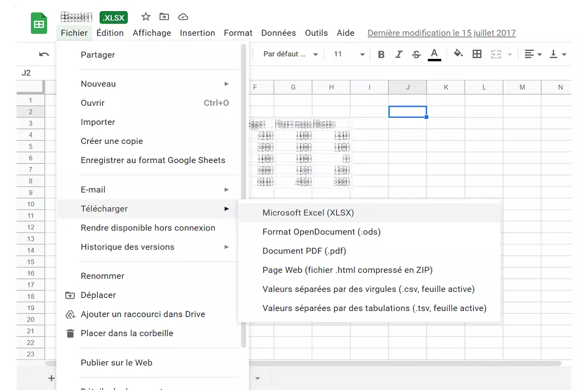 Google Sheets : téléchargement de la feuille de calcul Excel modifiée