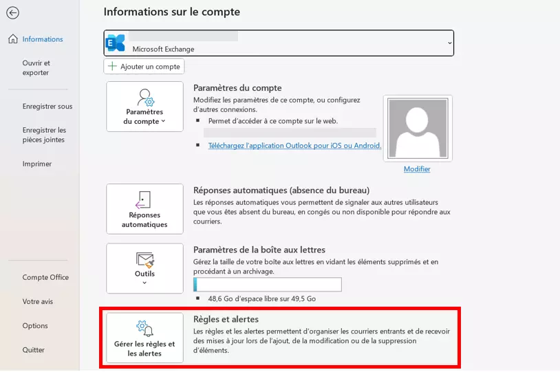 « Règles et alertes » sous « Fichier » dans Outlook 365 sous Windows