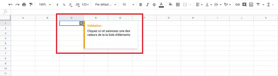 Liste déroulante Google Sheets avec affichage du texte d'aide