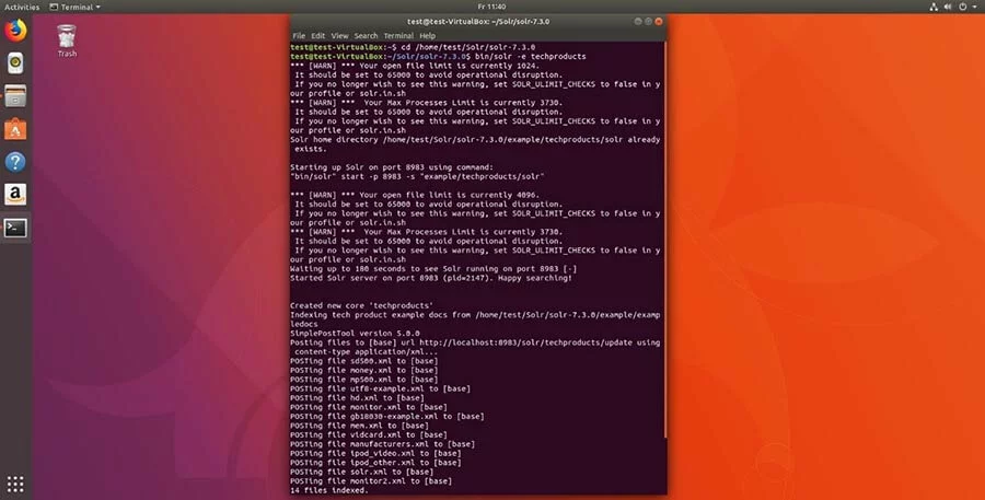 Sous Ubuntu 17, "bin/solr -e techproducts" démarre une démo avec les données et configurations par défaut