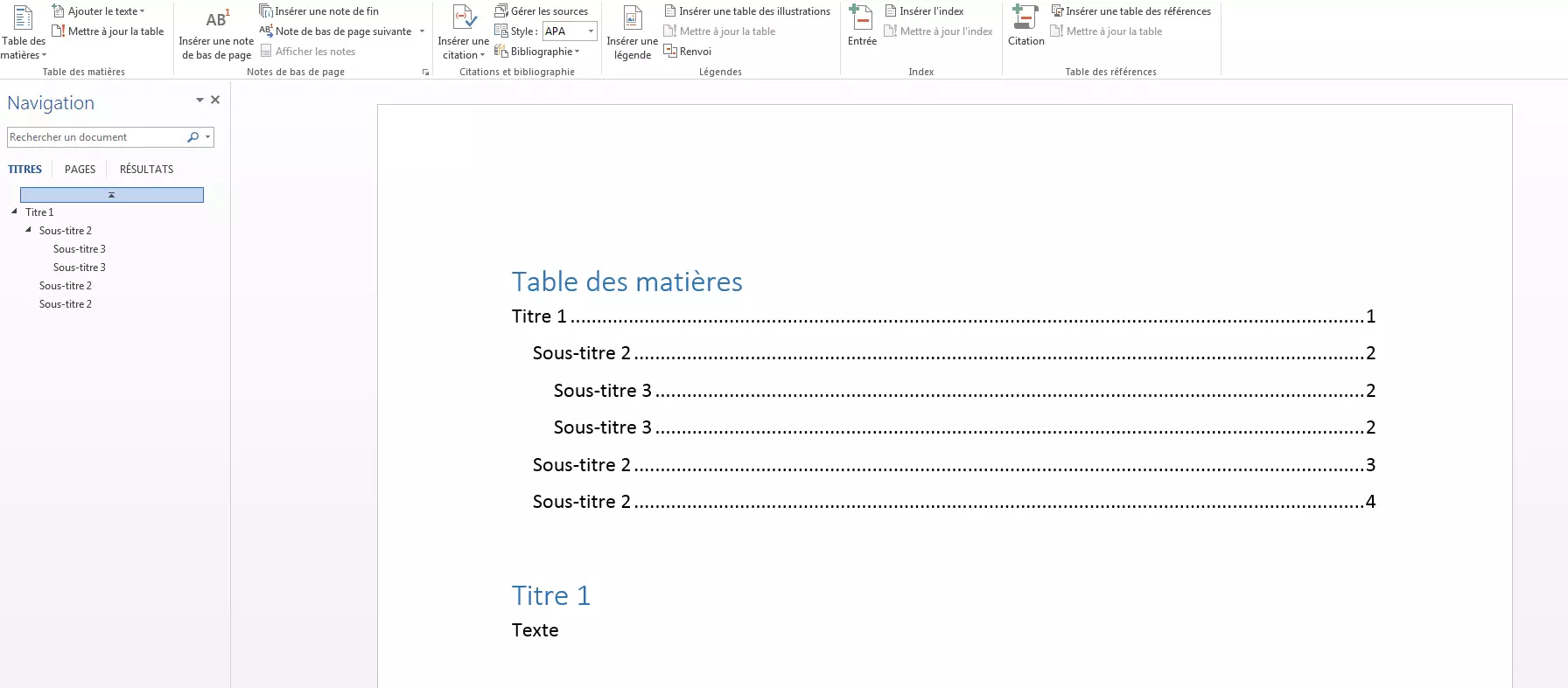 La création d’une table des matières Word.