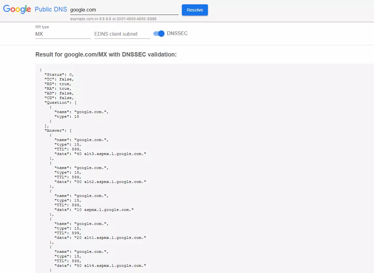 Vérifier le record MX avec Google Public DNS