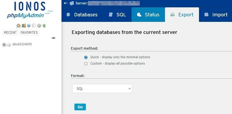 Interface phpMyAdmin de IONOS : exportation de la base de données