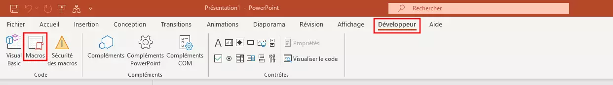 Ruban de l’onglet PowerPoint « Développeur »