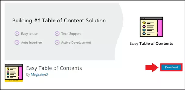 Page de téléchargement du plugin Easy Table of Contents