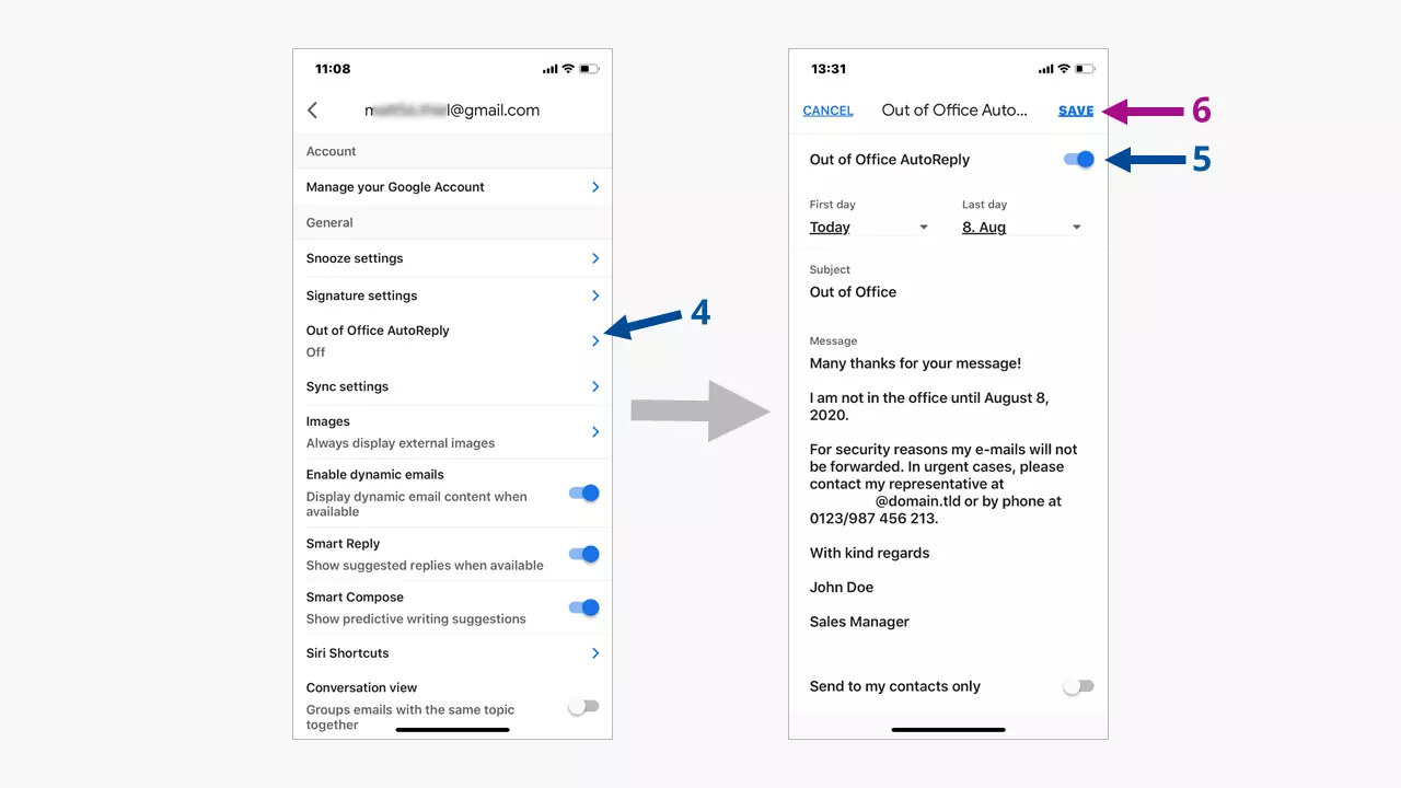 Mettre en place un message d’absence Gmail : étape par étape vers le message final.