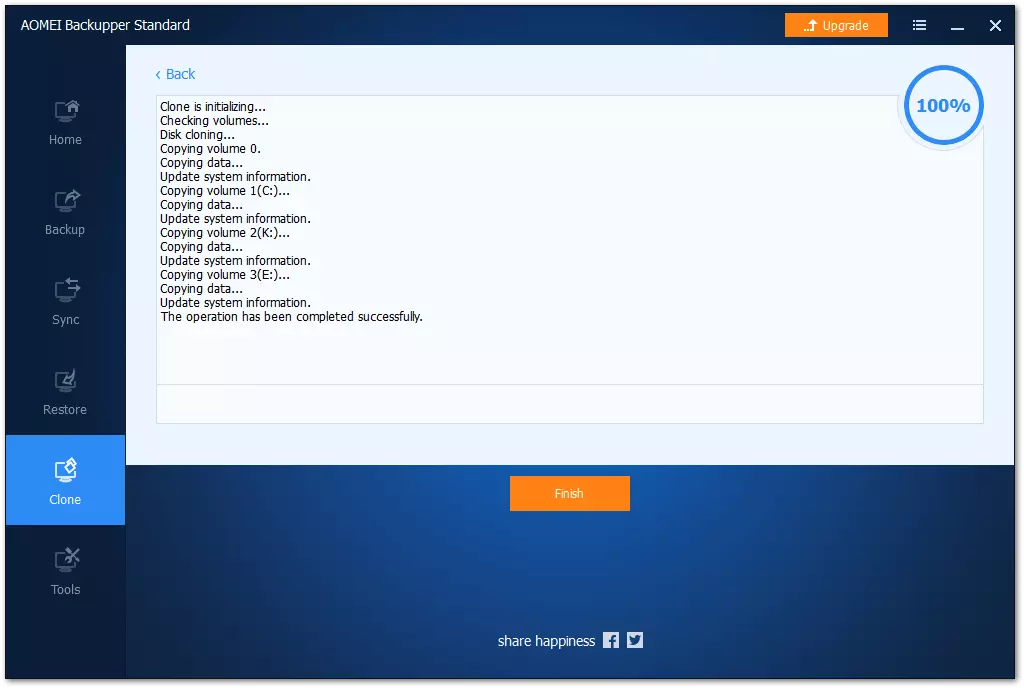 AOMEI Backupper Standard : affichage de la fin du clonage