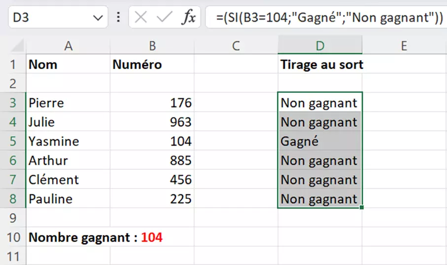 Fonction Excel avec valeurs de sortie définies par l’utilisateur